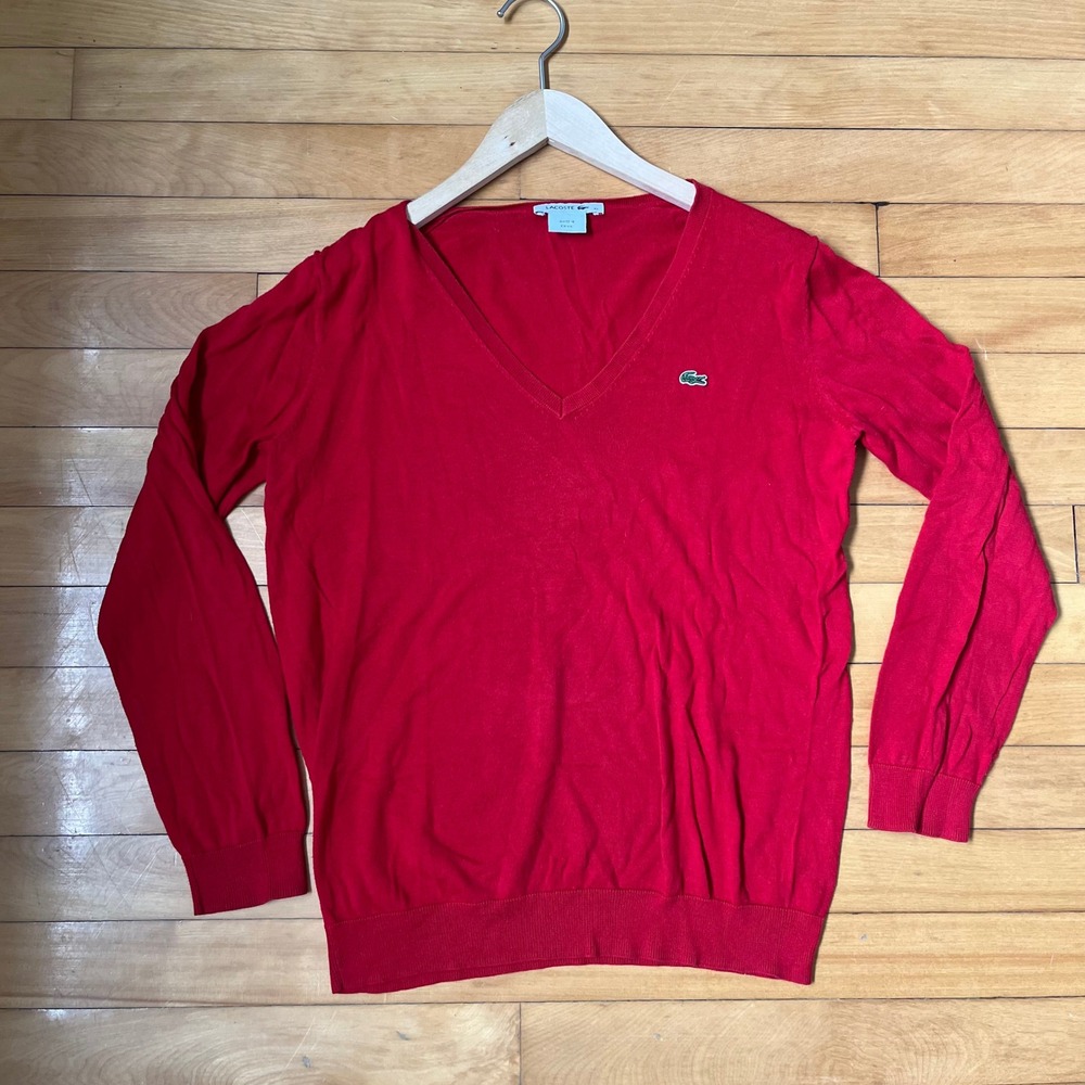 Lacoste Mens Red V-Neck Cotton Knit Sweater Logo Size 40 FC 8560